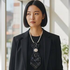 “Dainty Dapper” black necktie necklace with black and gray print